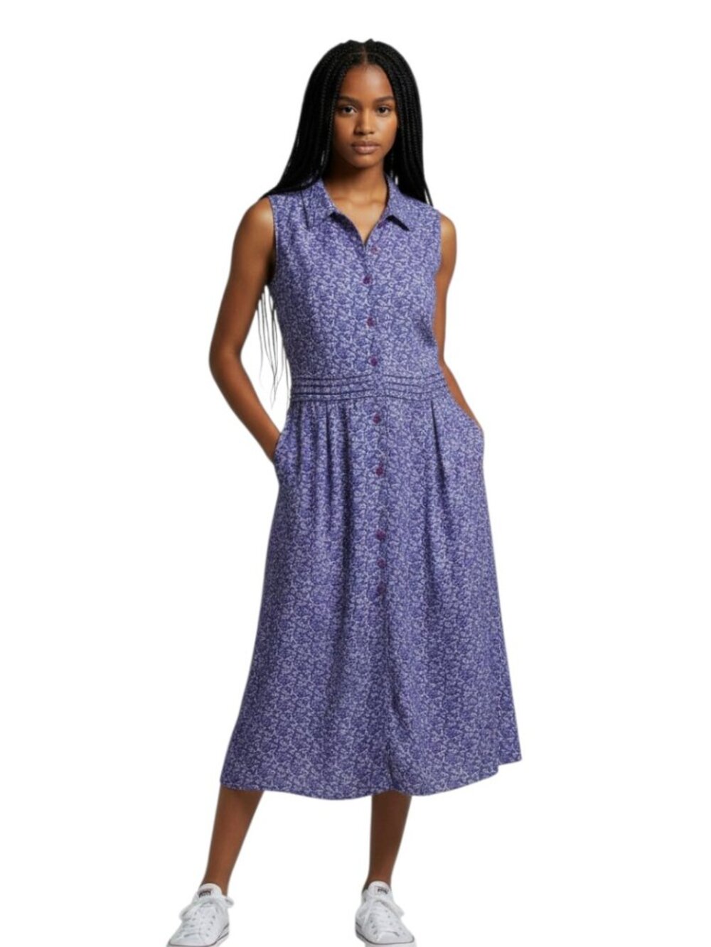 April Cornell Cottagecore Blue Pleated Midi Shirt Dress w Pockets & Belt large